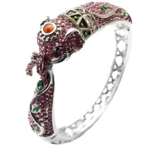 Gifts Pink Black Crystal Elephant Bangle Cuff Bracelet for Women Size 7"